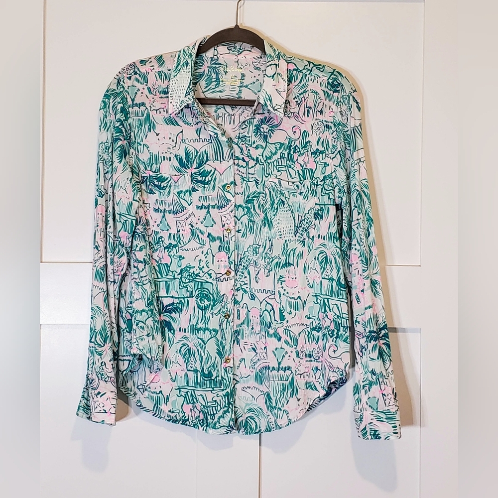 Lily Pulitzer Seaview Button Up Bright Agate Green Colorful Camelflage M…